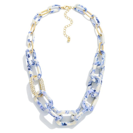 Resin blue and white marble link necklace