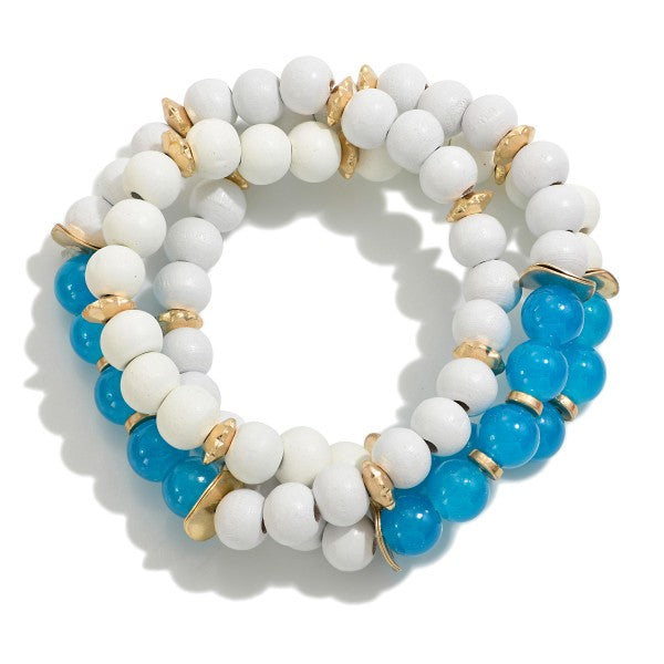 White wood and blue bracelet trio