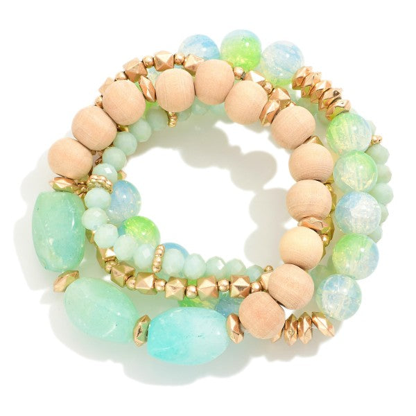 Turquoise vacation wood and natural stone 4 stack bracelets