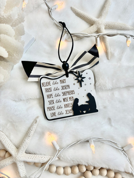 Matte black and white Nativity Ornament with Crystals