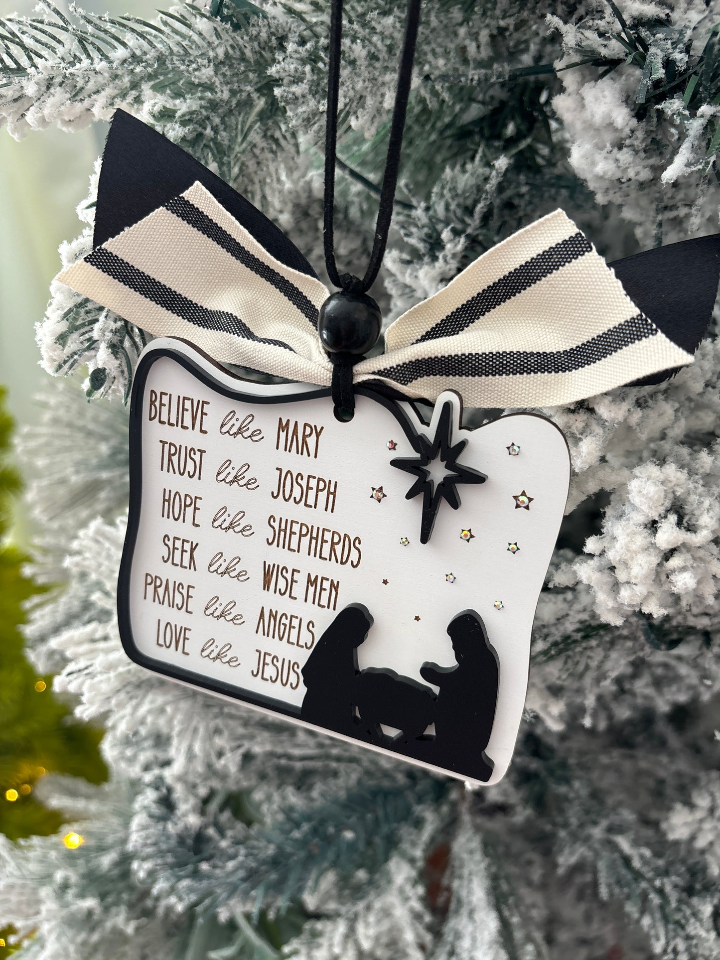 Matte black and white Nativity Ornament with Crystals