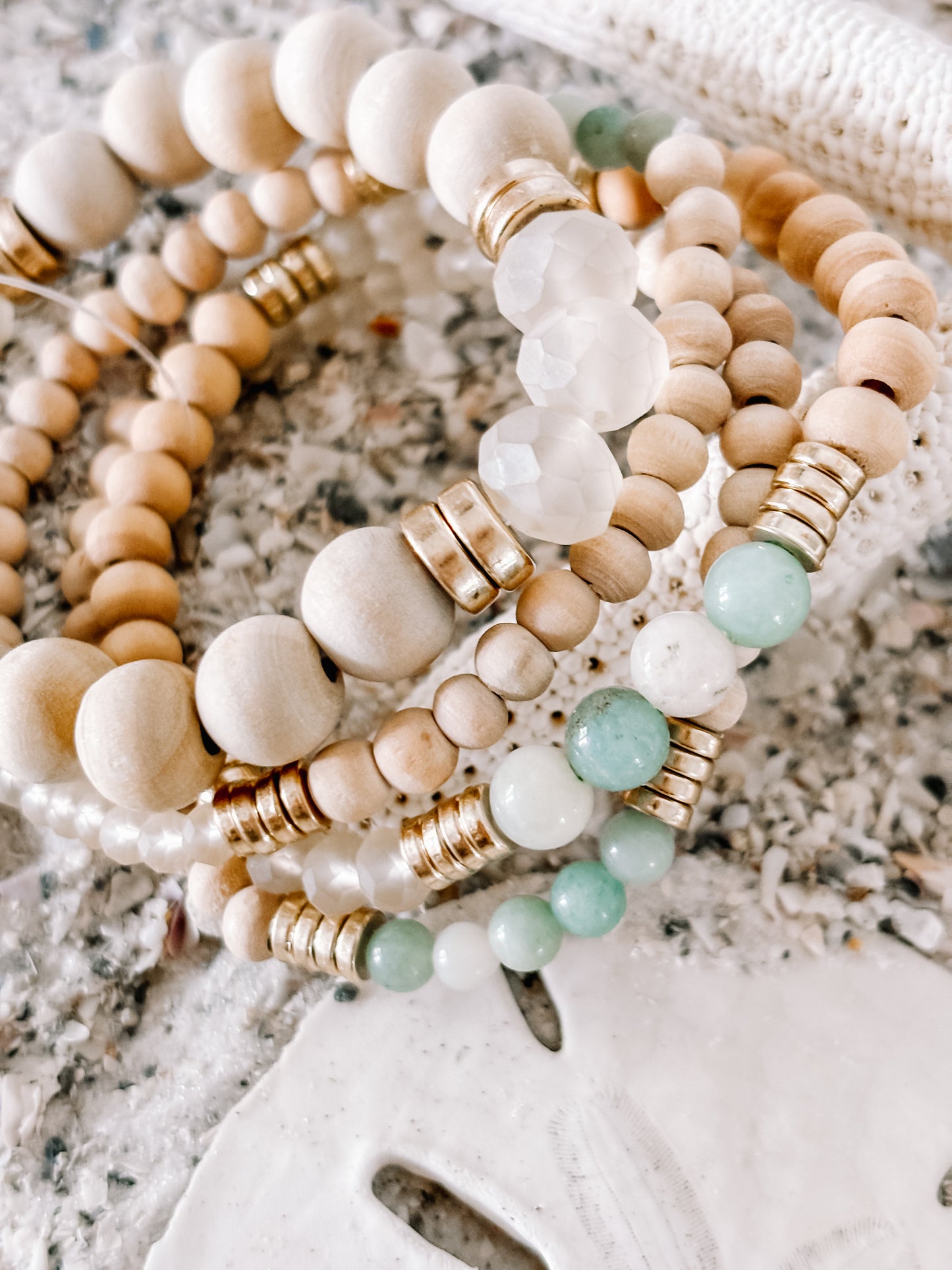 Beachwood and stone beaded 4 stack bracelet combo