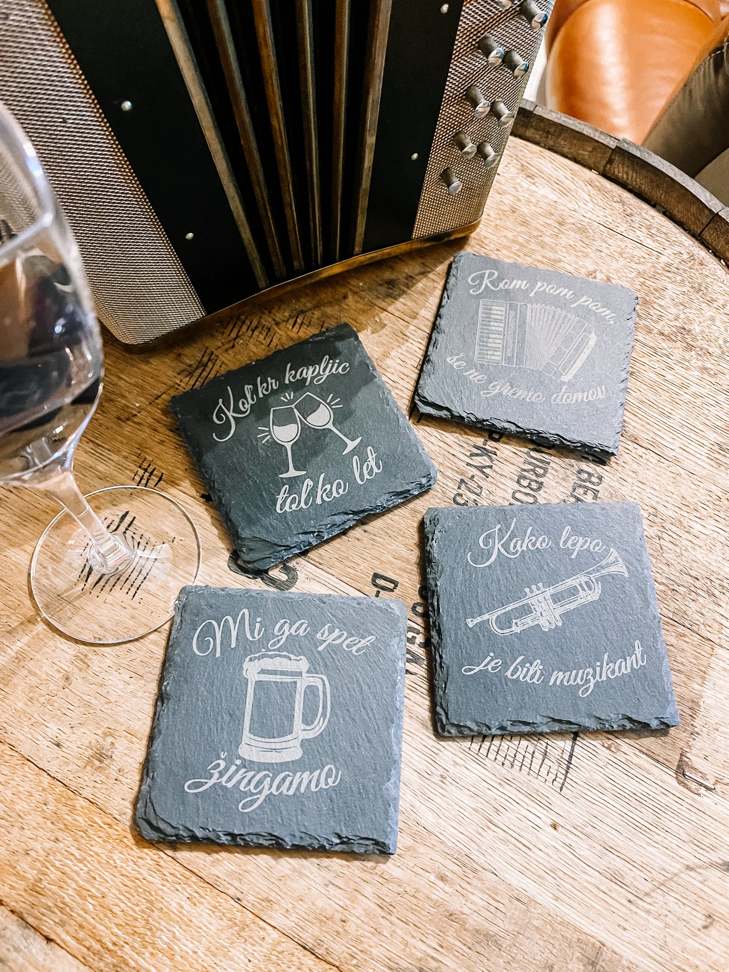 Slovenian Laser engraved slate coasters