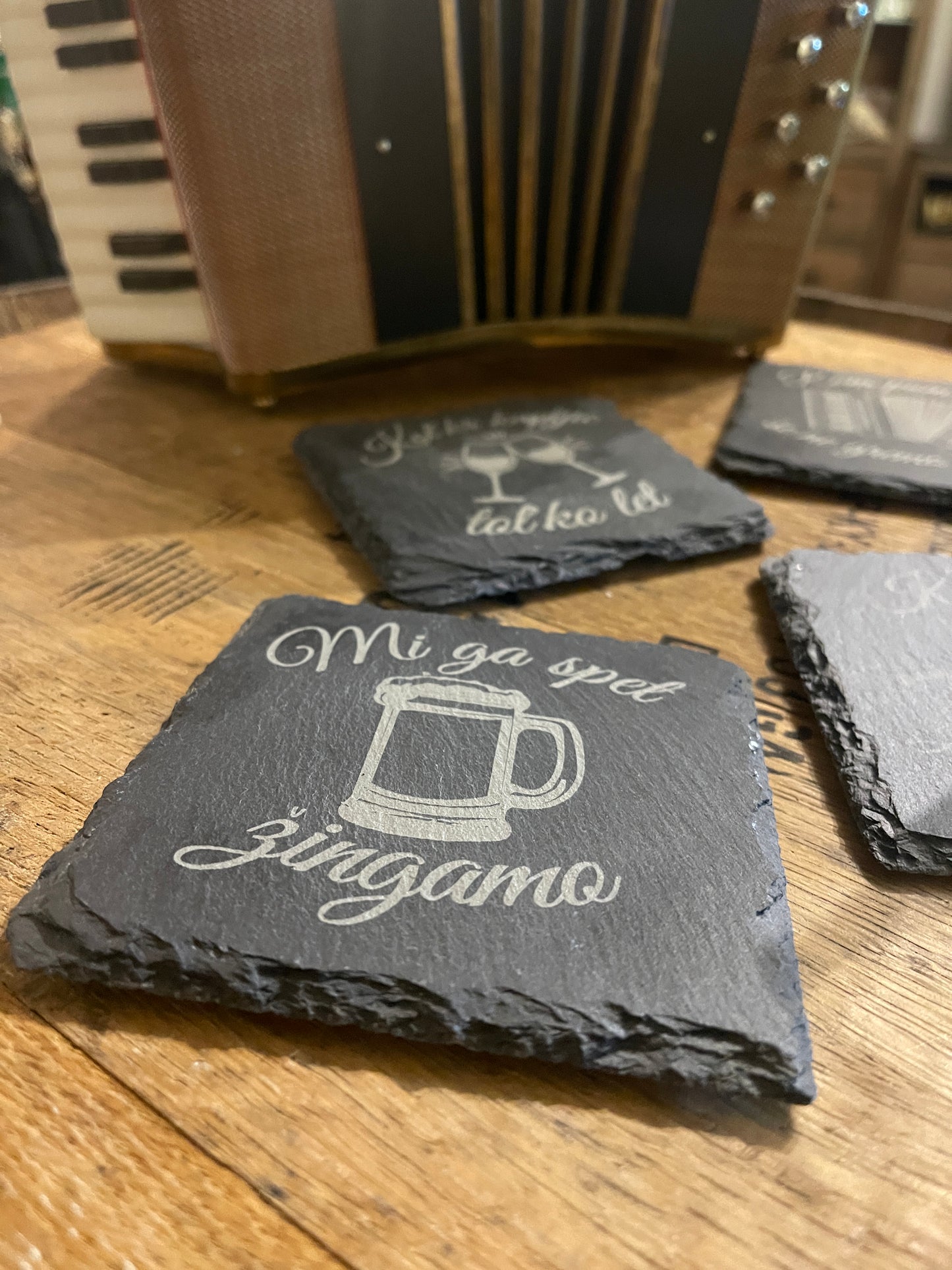 Slovenian Laser engraved slate coasters