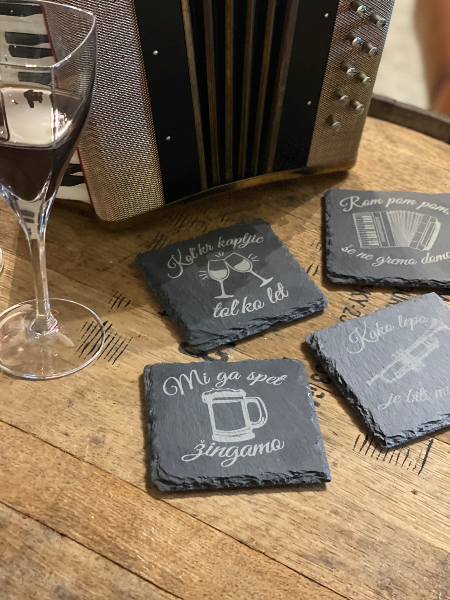 Slovenian Laser engraved slate coasters